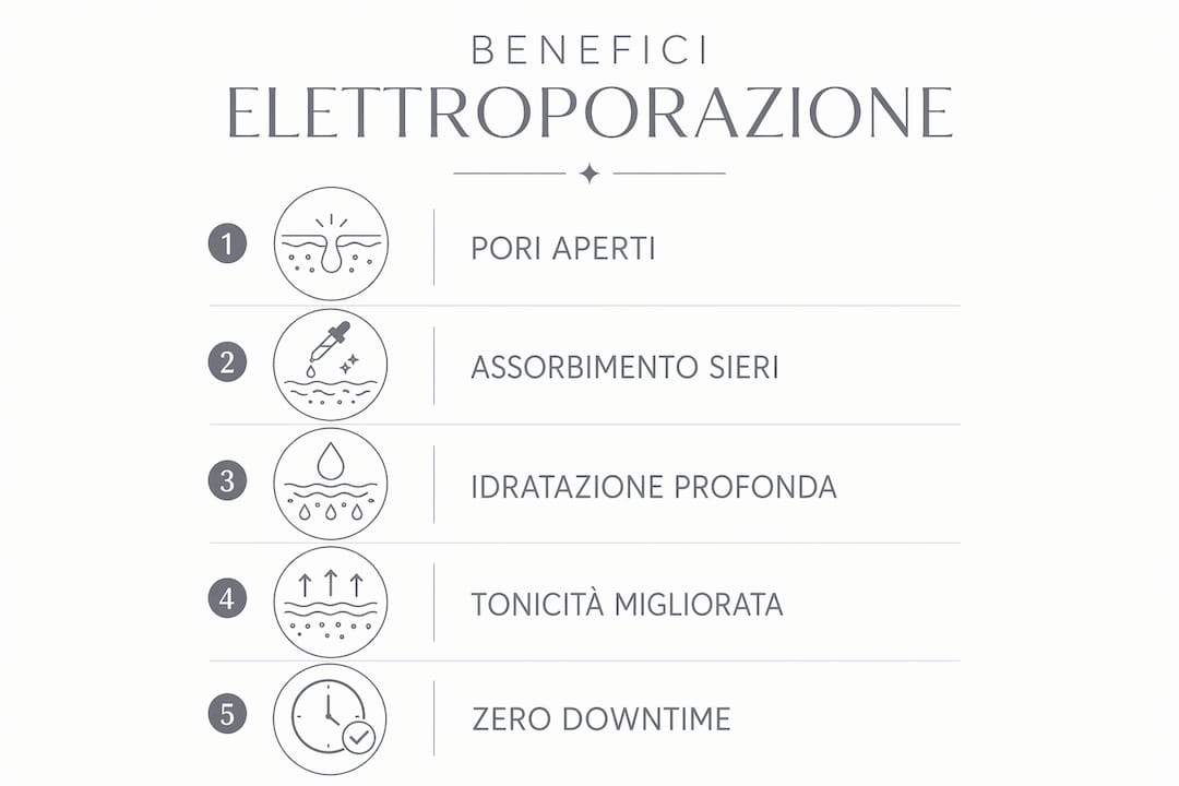 Infografica dedicata ai principali vantaggi dell’elettroporazione viso previsti per il 2026