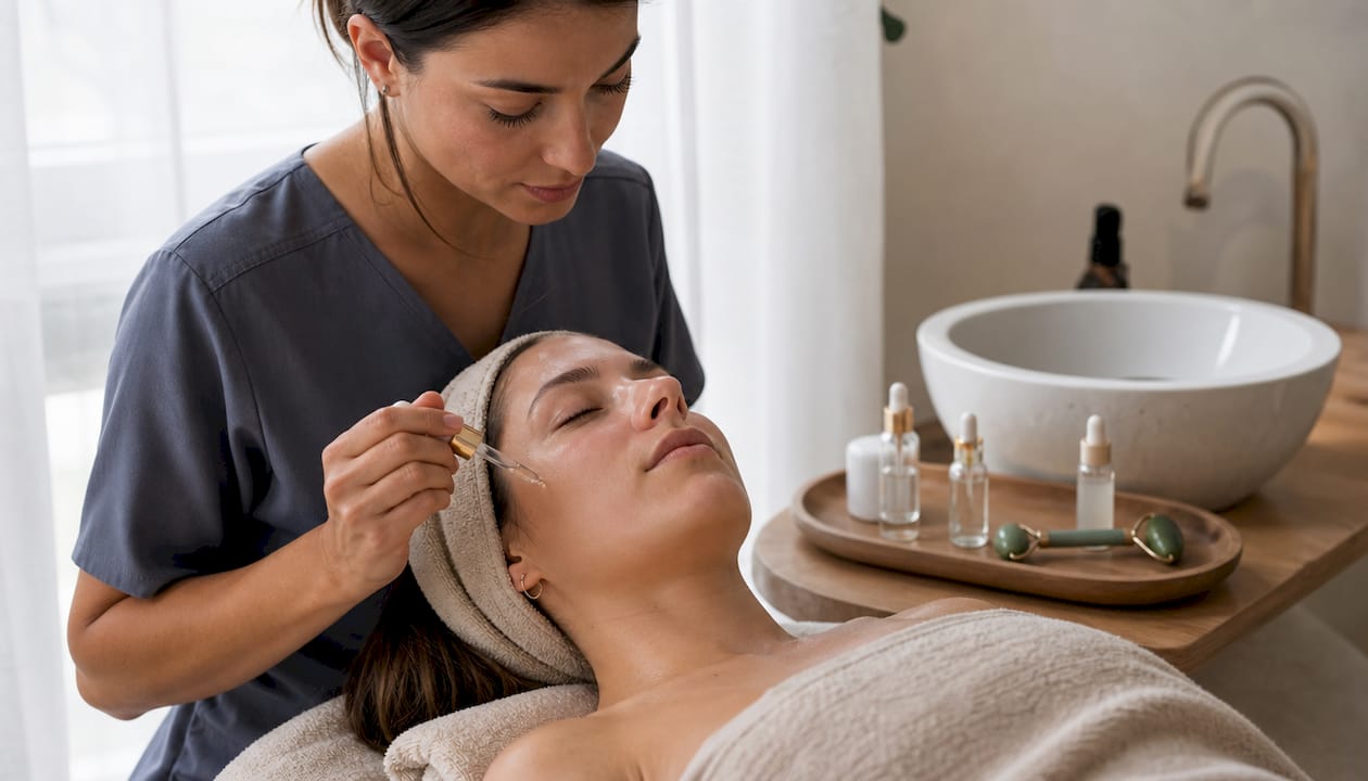 Soin du visage : l’esthéticienne dépose délicatement un sérum sur la peau
