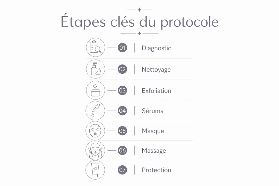 Visuel récapitulatif des étapes essentielles d’un rituel de soin du visage