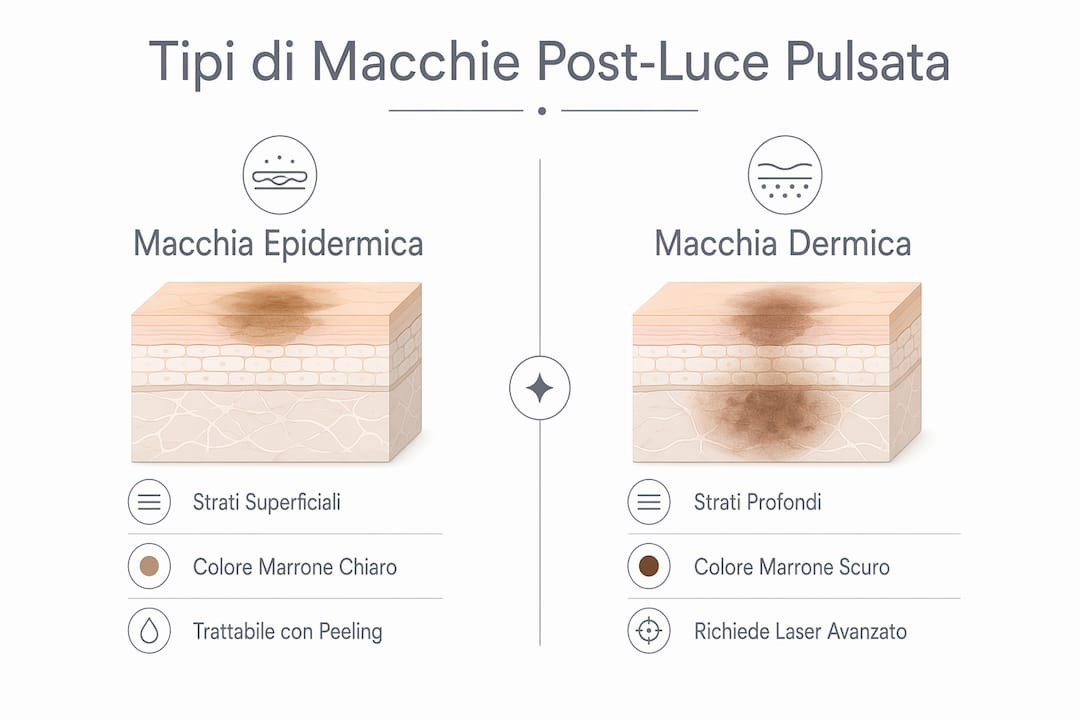 Infografica che illustra le principali differenze tra due tipologie di macchie cutanee che possono comparire dopo un trattamento con luce pulsata, mettendo a confronto le loro caratteristiche.