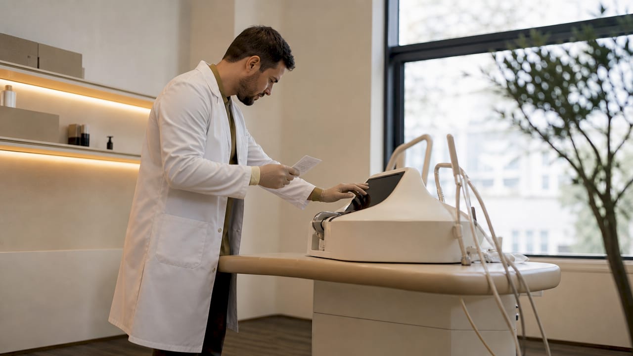 Ein Techniker stellt den Beauty-Laser fachgerecht ein.