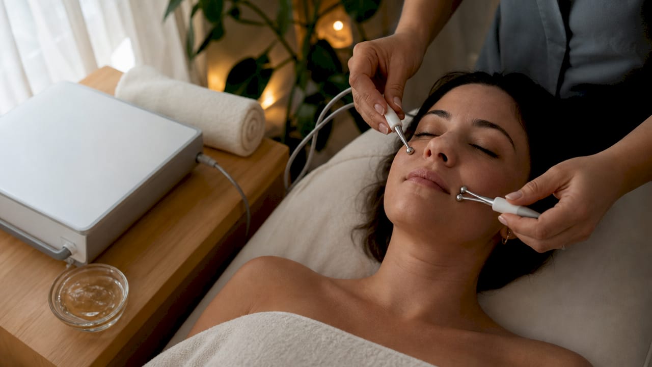 Colocación de electrodos en la zona de las mejillas para tratamientos faciales con microcorrientes.