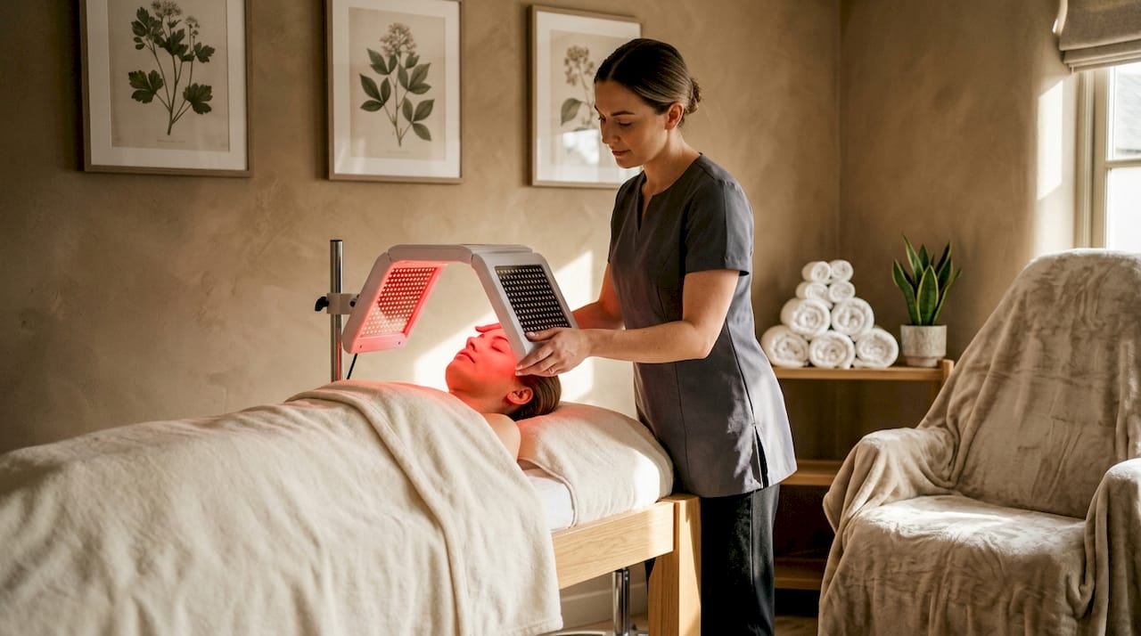 Close-up red LED light therapy device in use