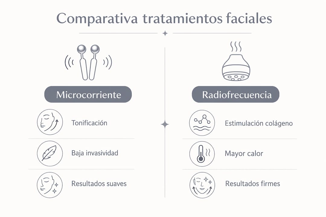 Comparativa visual entre tratamientos faciales de microcorriente y radiofrecuencia