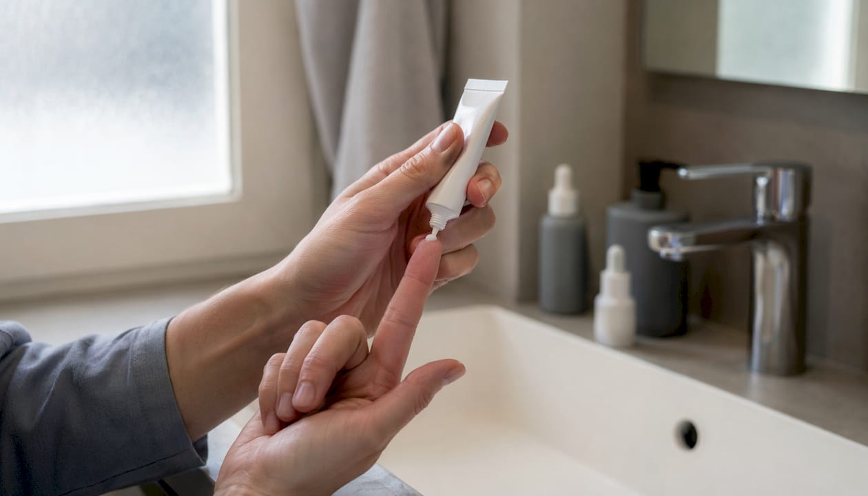 Hands applying topical acne treatment cream