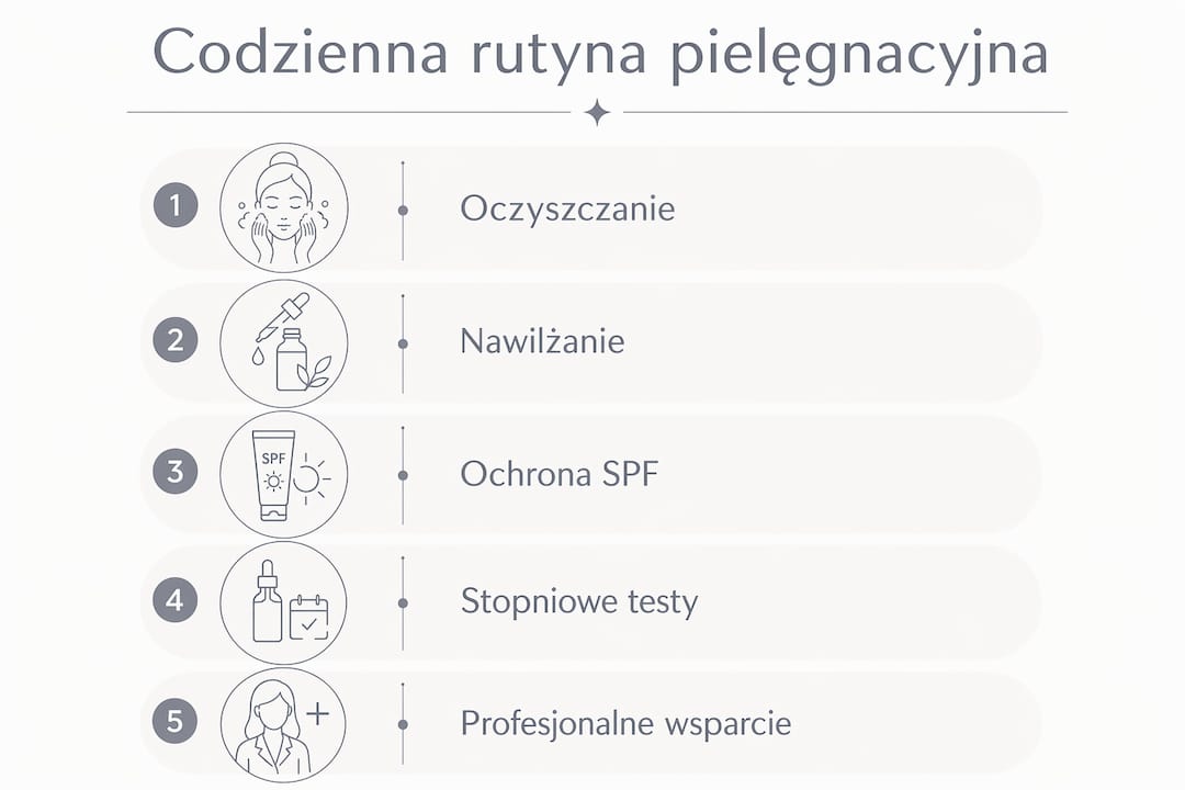 Grafika przedstawiająca codzienną rutynę pielęgnacji skóry wrażliwej – krok po kroku
