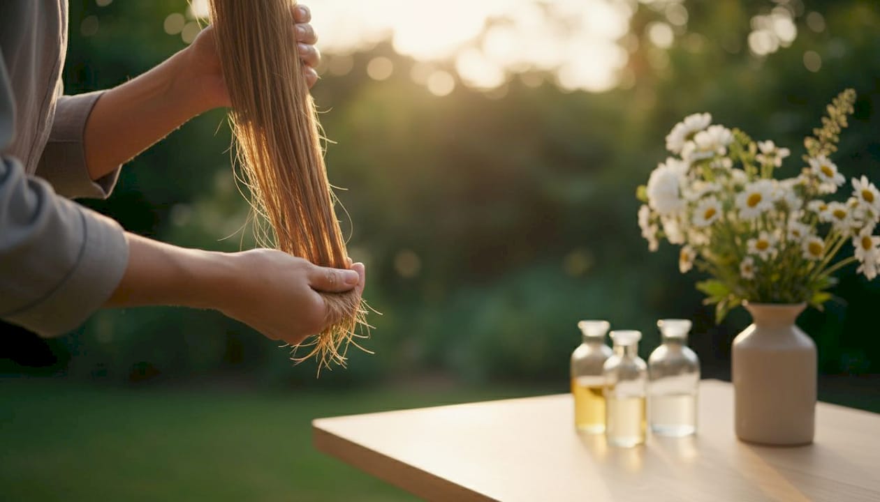 Unas manos extendiendo aceite sobre el cabello oscuro