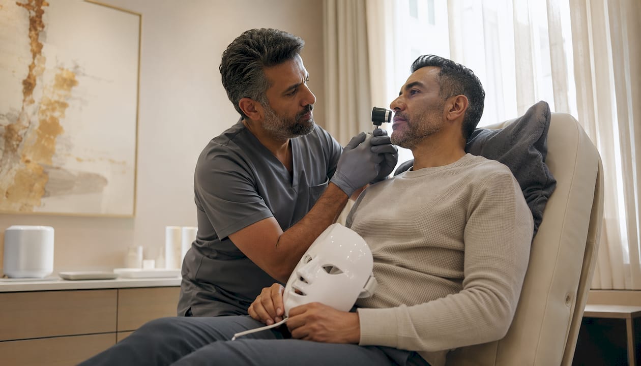 Dermatologist examining patient’s skin in clinic