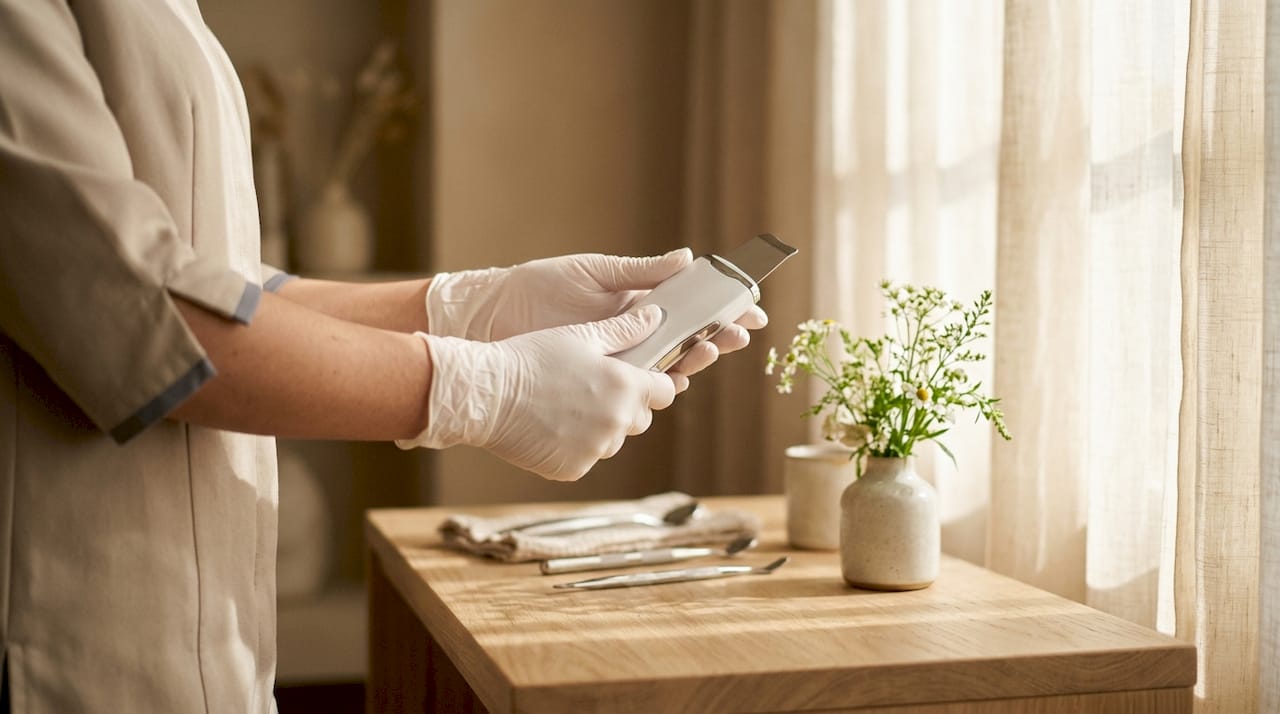 Unas manos revisando cuidadosamente un dispositivo de belleza con certificación de calidad