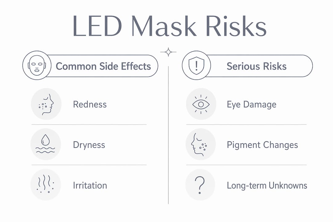 Infographic comparing common and serious LED mask risks