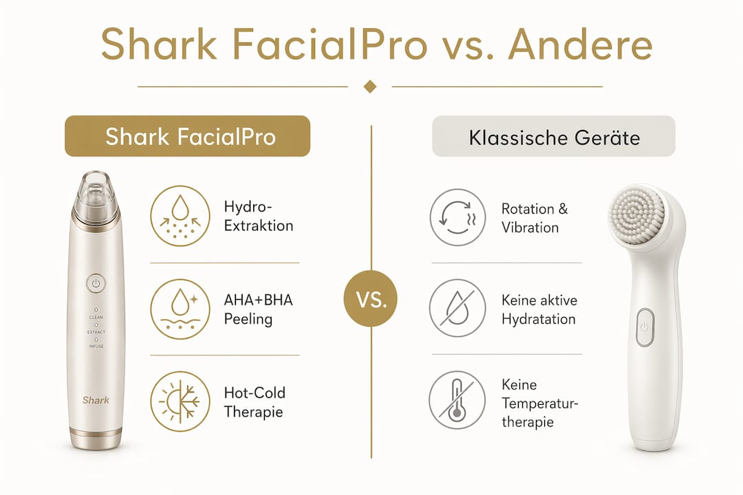 Vergleichsgrafik: Shark FacialPro versus herkömmliche Geräte – die wichtigsten Unterschiede auf einen Blick