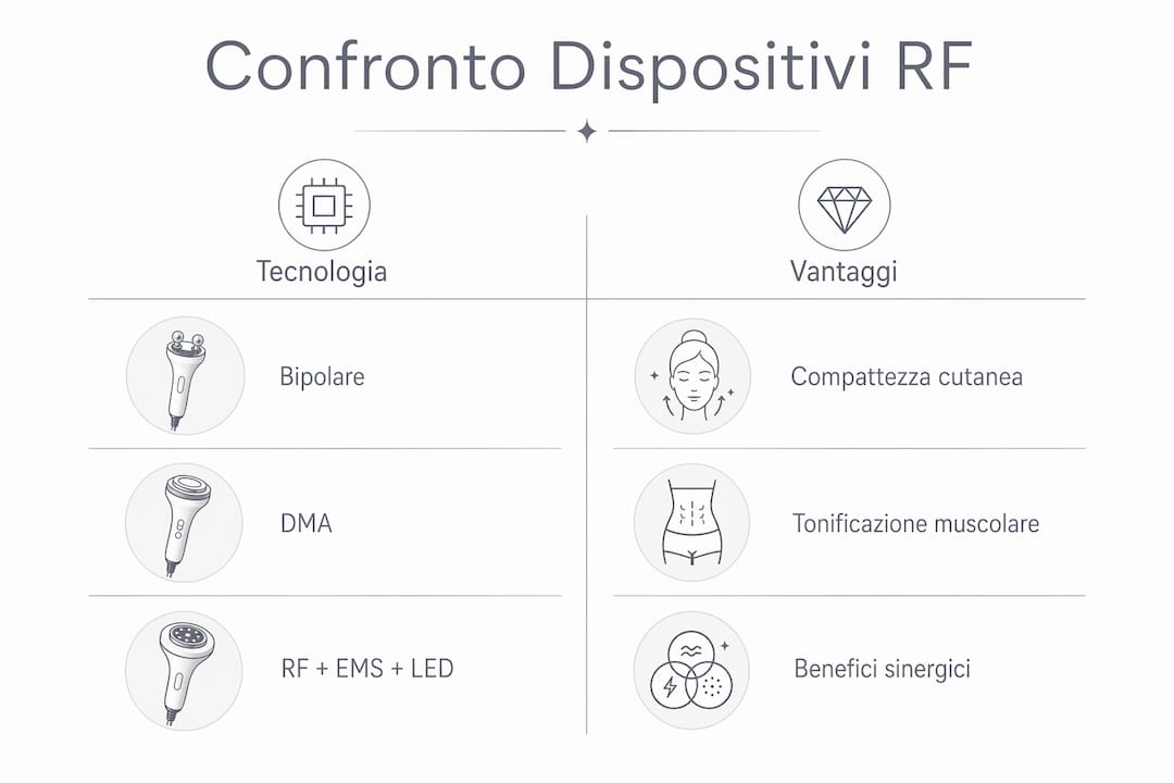 Infografica: confronto tra le principali tecnologie a radiofrequenza per il trattamento del viso