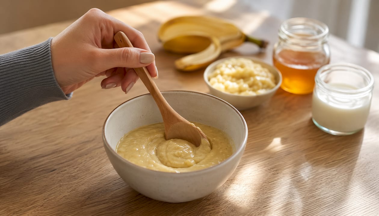 Préparez une pâte onctueuse pour un masque visage à base de banane et de miel dans un bol.