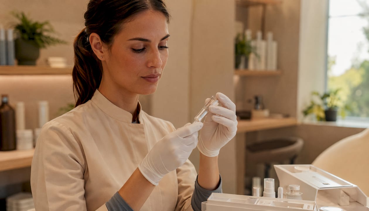 L'estetista si appresta a preparare il dispositivo per il trattamento di micro-needling.