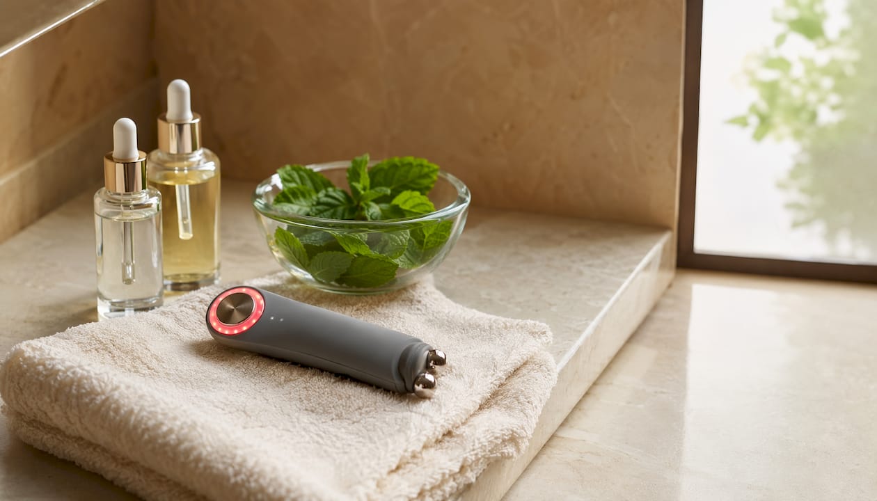 Top view of FOREO multi-function microcurrent device on towel