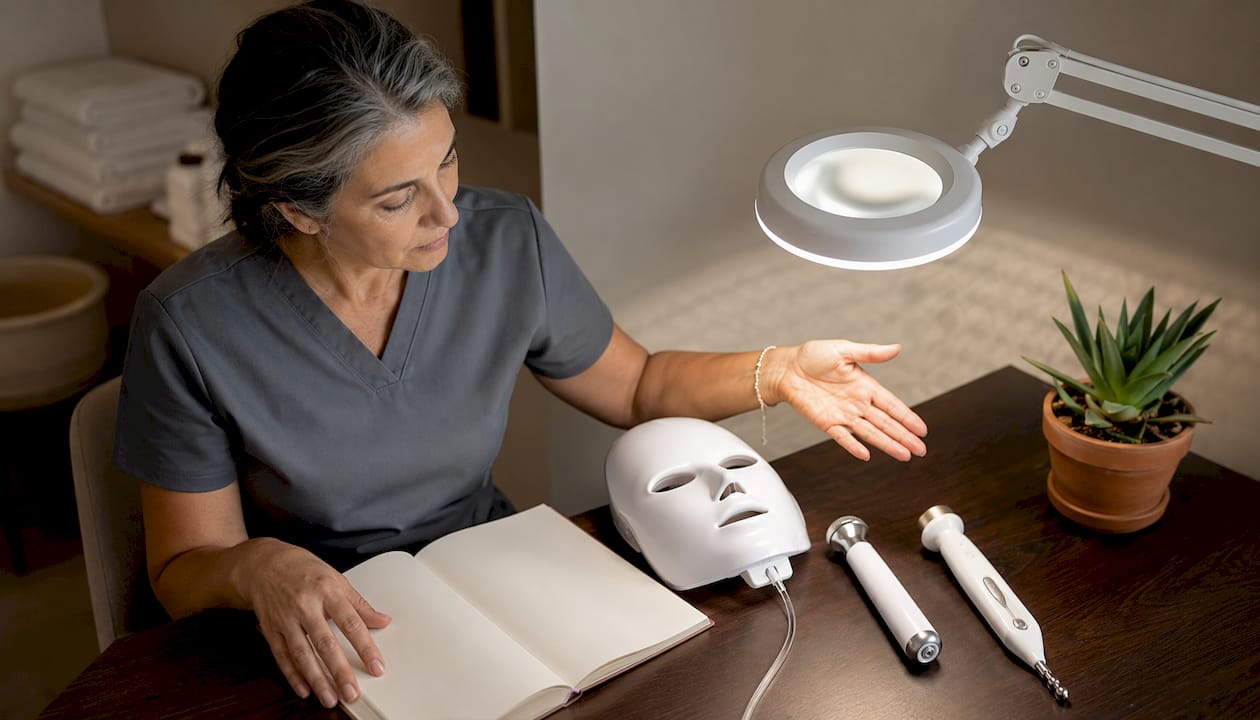 Une esthéticienne présente différents appareils de soin pour le visage.