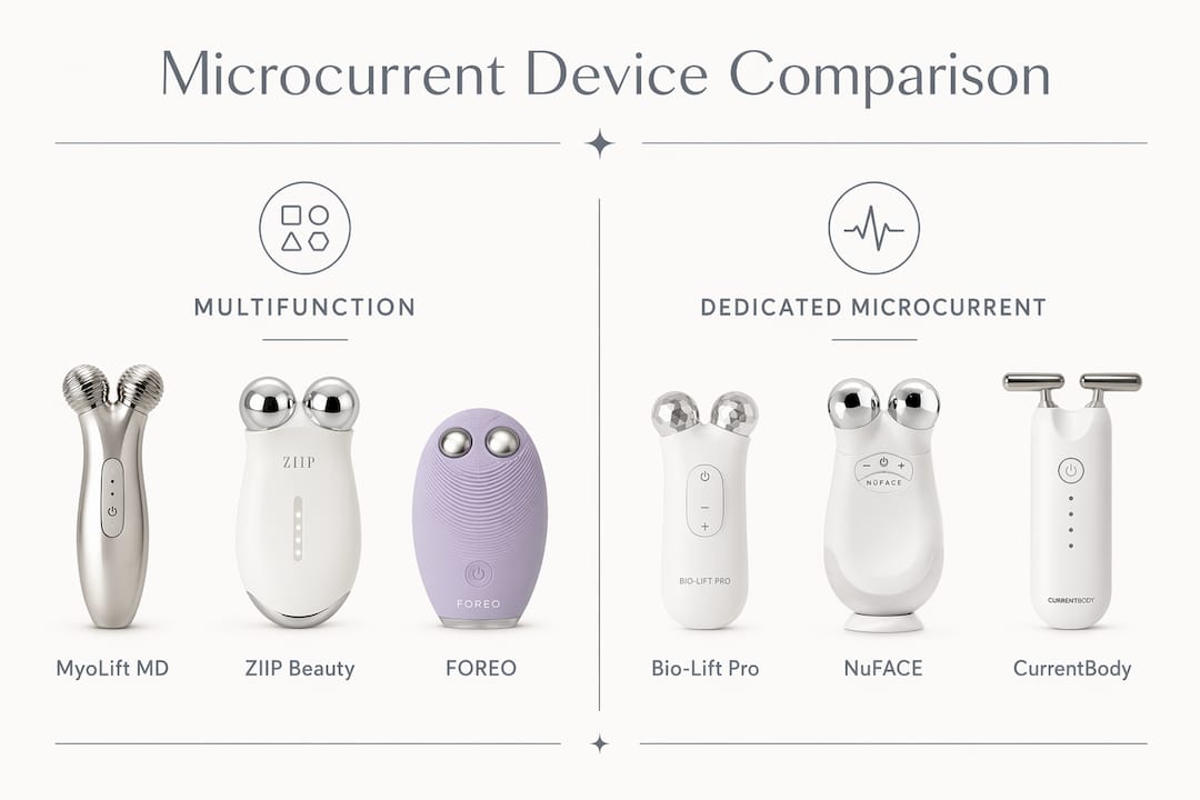 Infographic comparing multifunction versus dedicated microcurrent devices