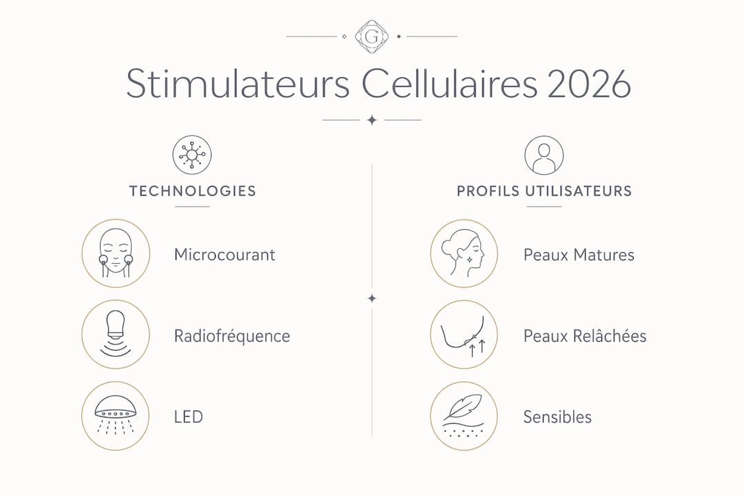 Infographie : panorama des différentes technologies de stimulateurs pour le visage et profils types d’utilisateurs
