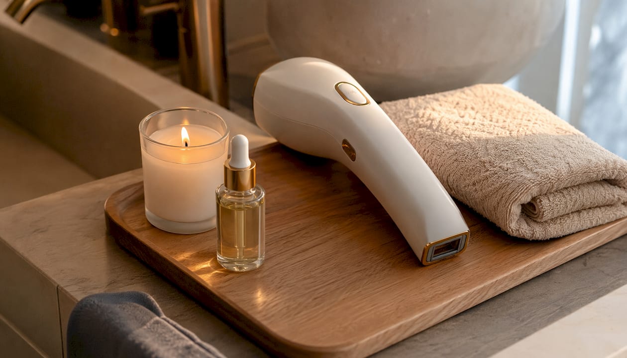 Un appareil de beauté dernière génération trône sur l’étagère du salon, apportant une touche de modernité à la pièce.