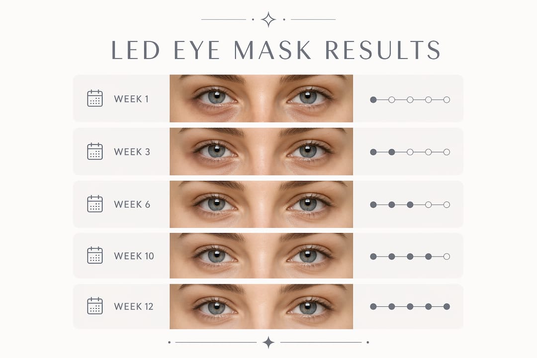 Infographic showing timeline of LED eye mask results over weeks