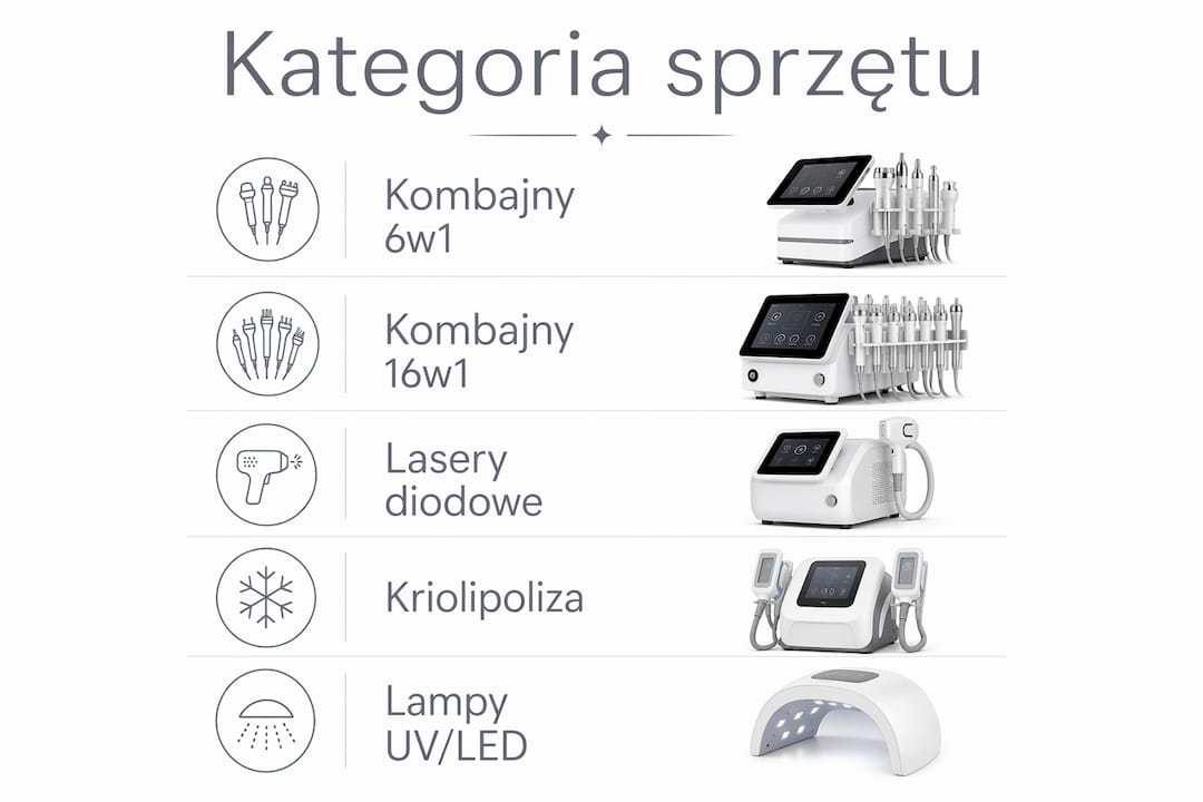 Infografika przedstawiająca różne rodzaje urządzeń wykorzystywanych w branży kosmetycznej