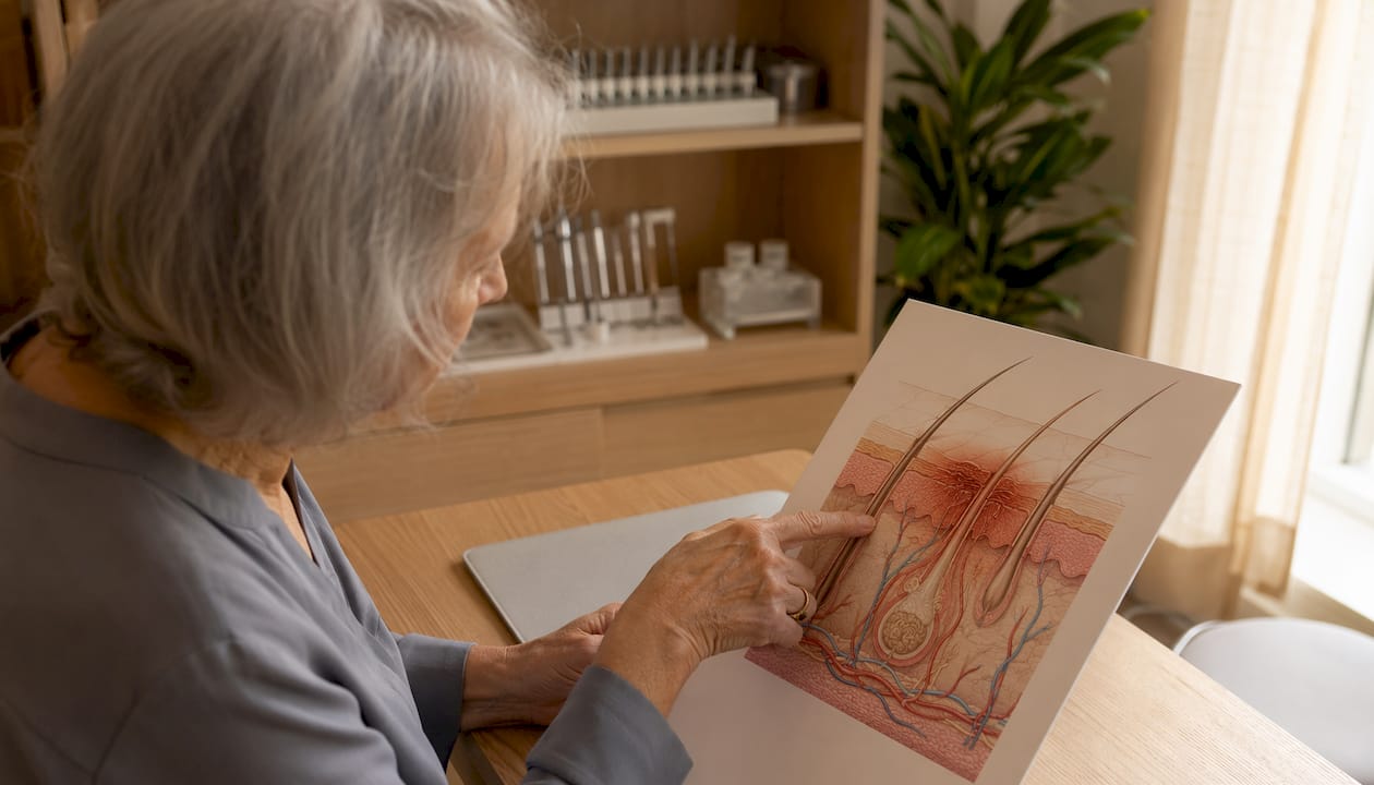 Illustration d'une main désignant une zone d'inflammation liée à l'acné sur un schéma