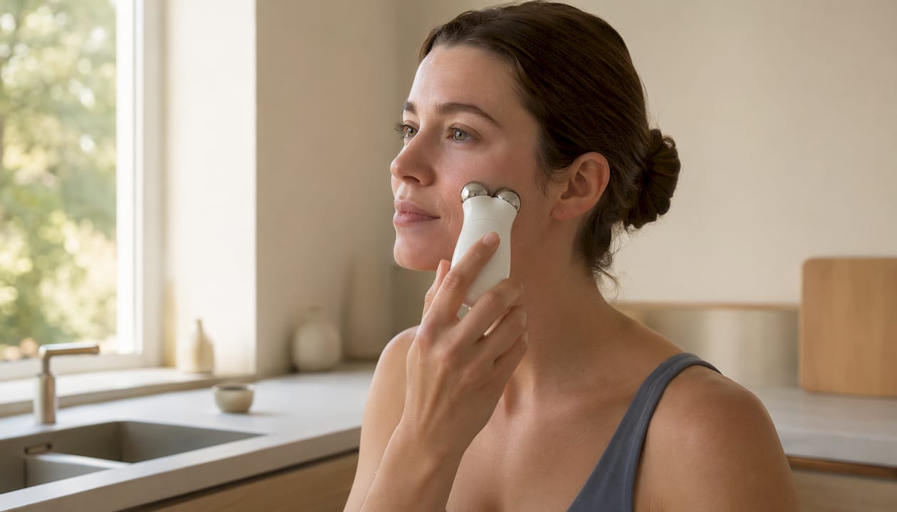 Mani che applicano il dispositivo NuFACE mini sul viso