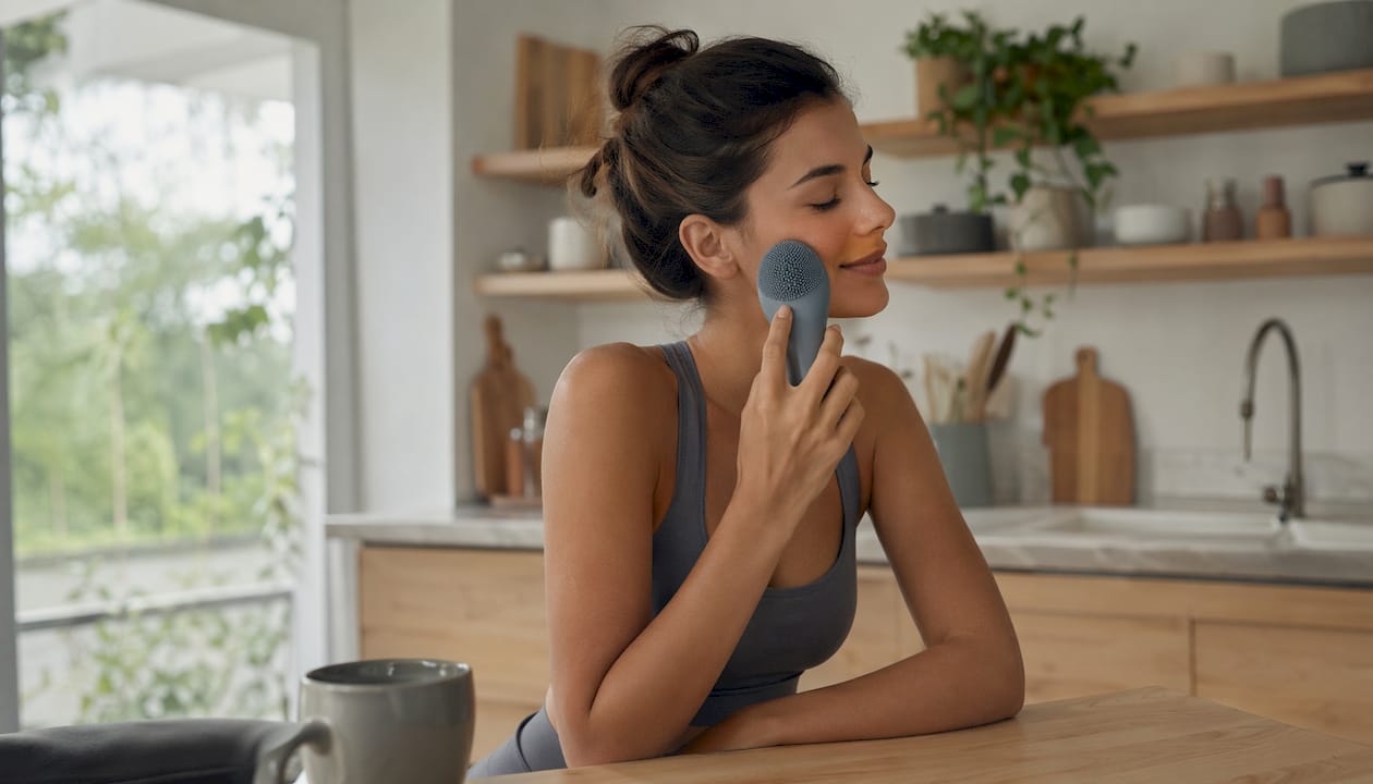 Mujer aplicando un dispositivo facial diseñado para pieles sensibles