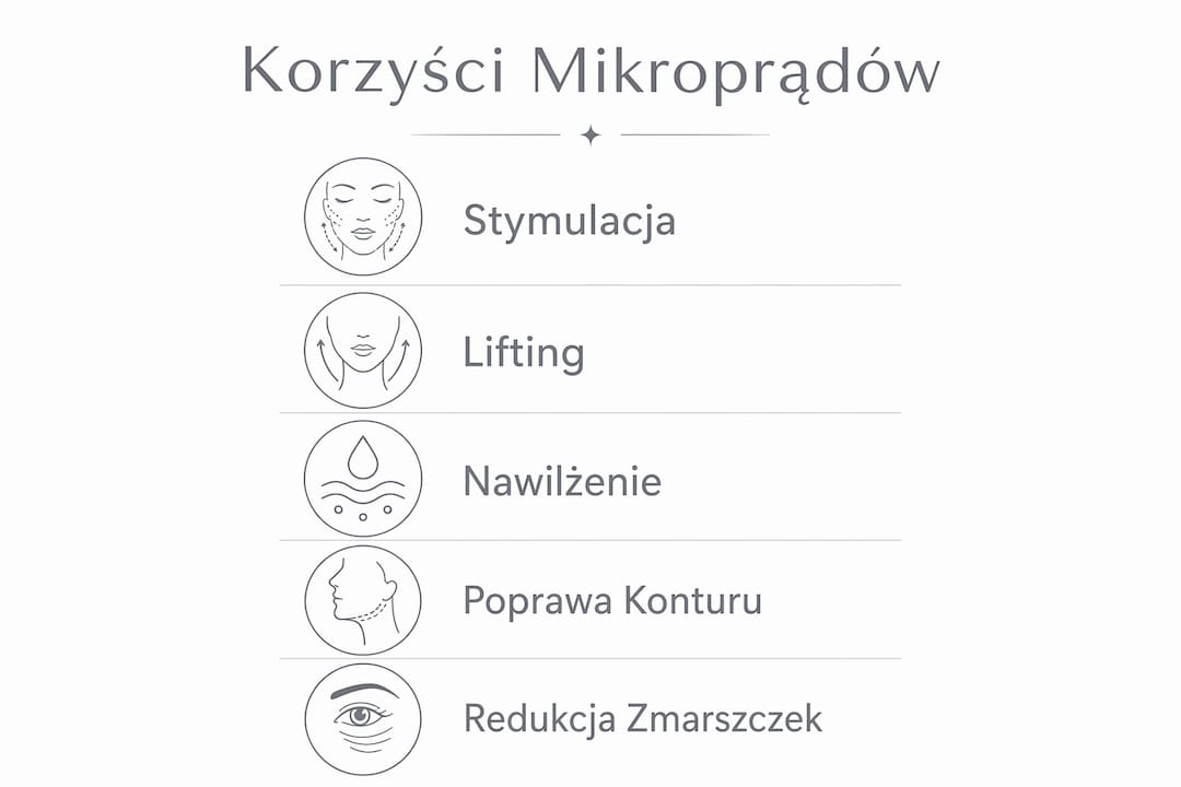 Infografika przedstawiająca najważniejsze zalety stosowania mikroprądów w pielęgnacji skóry