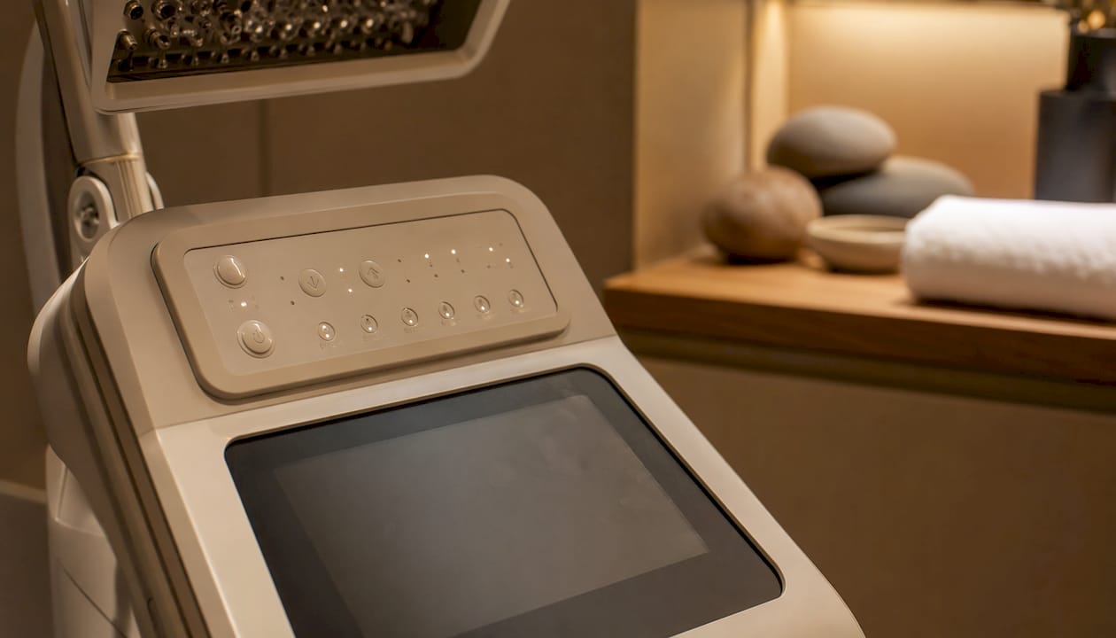 Close-up of LED therapy machine control panel