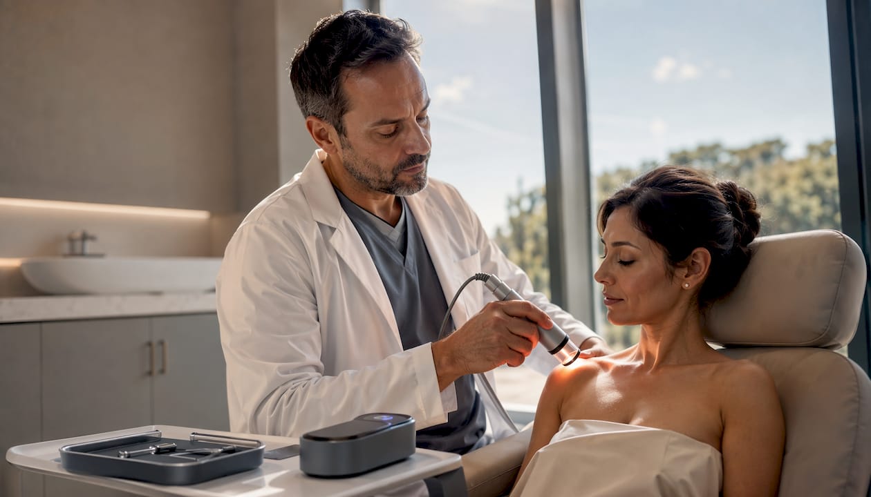 Dermatologist applying LED therapy to patient