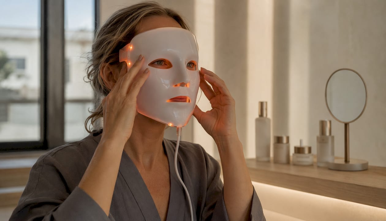 Persona colocándose una mascarilla facial de silicona con tecnología LED