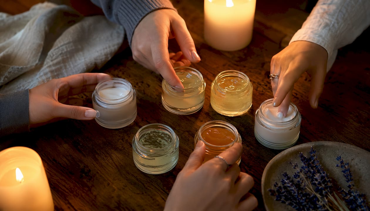 Overhead view of serum bottles and swatching