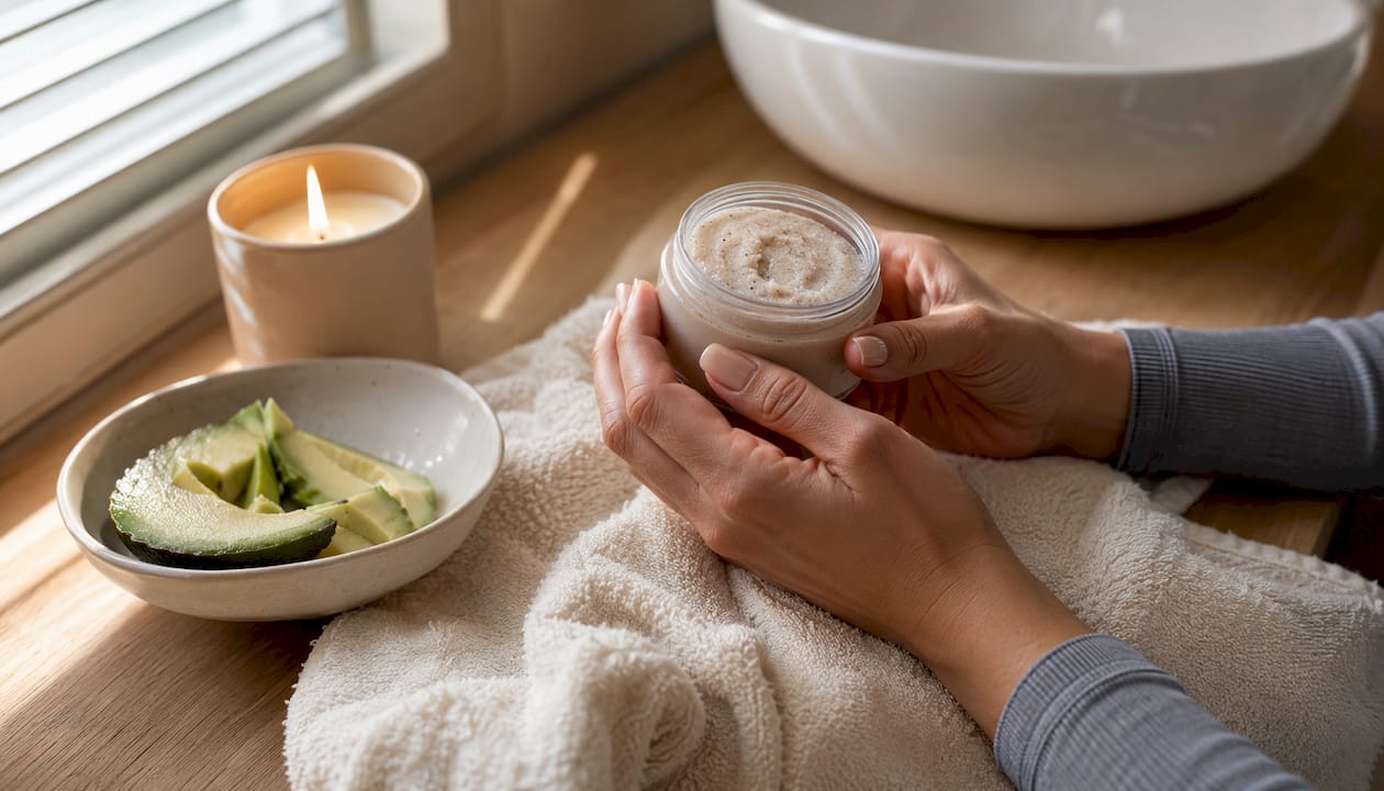 Dettaglio di una crema esfoliante naturale applicata sulle mani