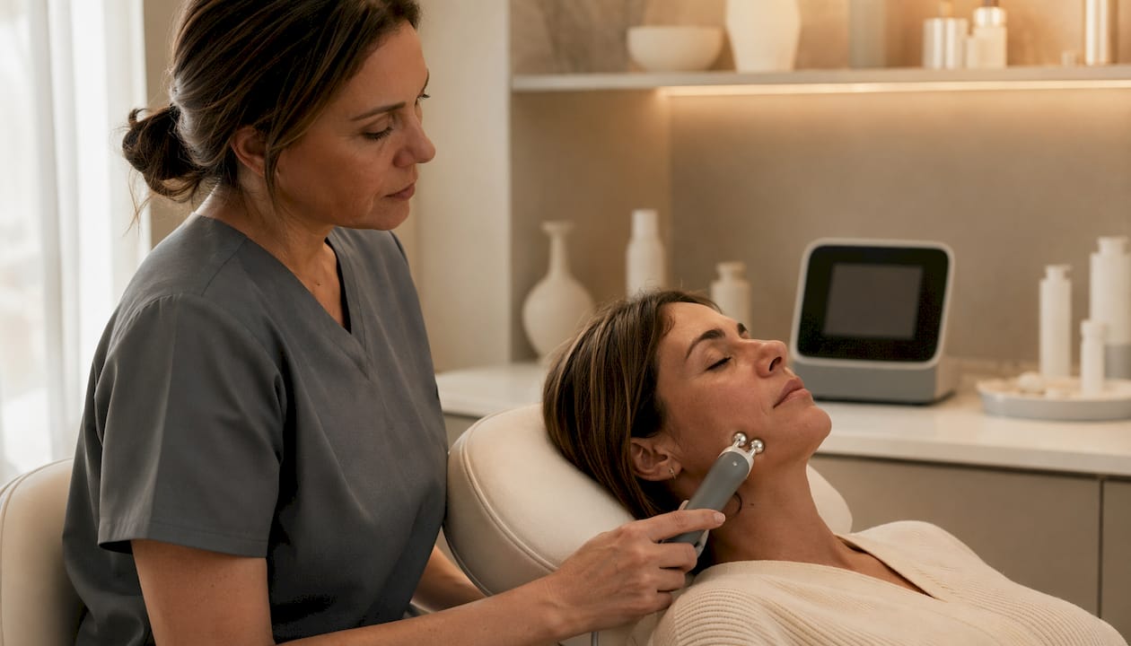 Especialista realizando un tratamiento de microcorrientes en una clínica dermatológica