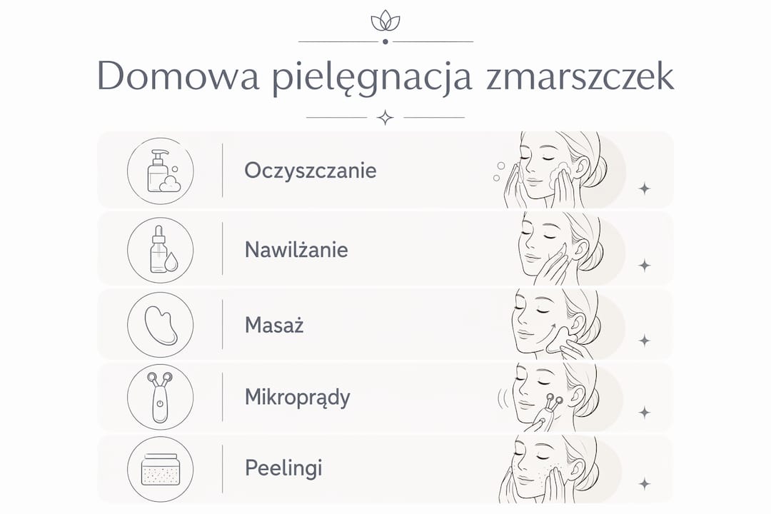 Infografika pokazująca, jak krok po kroku zadbać o skórę w domu, by skutecznie zapobiegać zmarszczkom