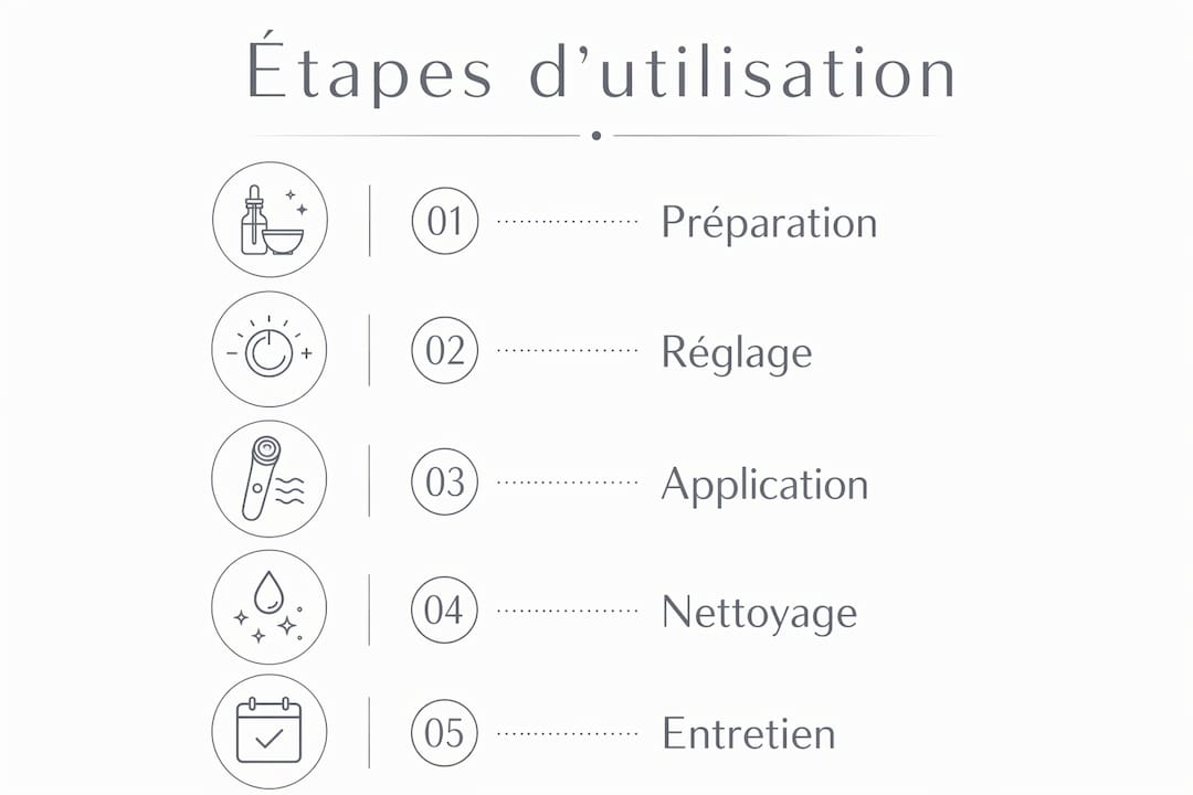 Guide illustré des différentes étapes pour profiter pleinement de votre appareil de beauté chez vous
