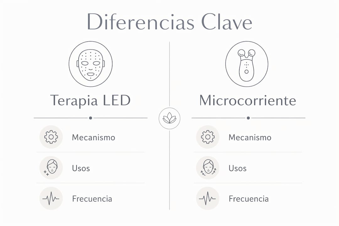 Infografía: diferencias clave entre la terapia LED y la microcorriente facial