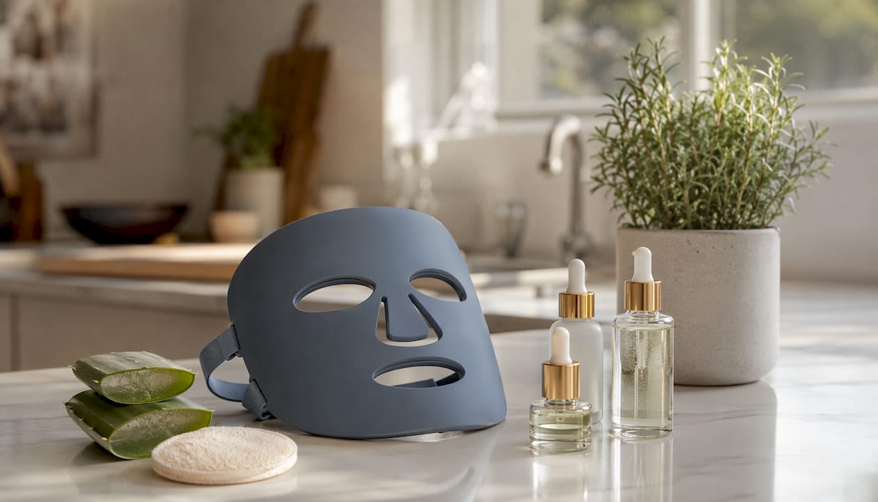 Blue light mask with anti-inflammatory skincare products flat lay