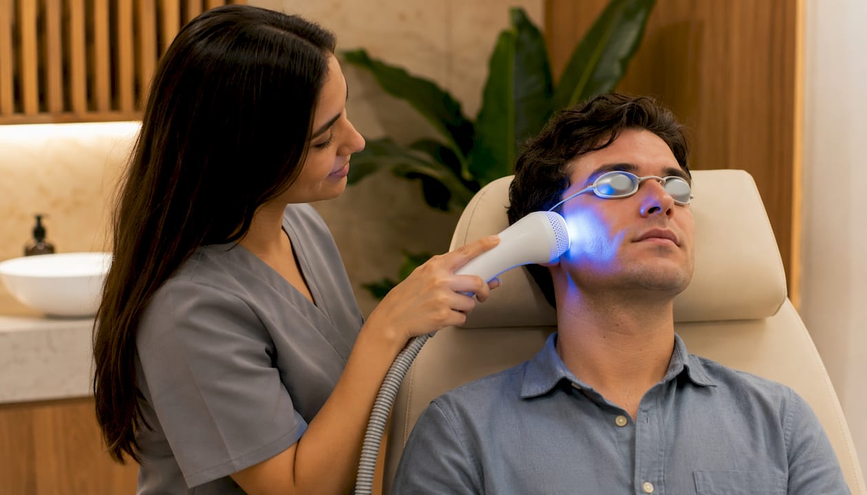 Blue light device treating oily skin in clinic