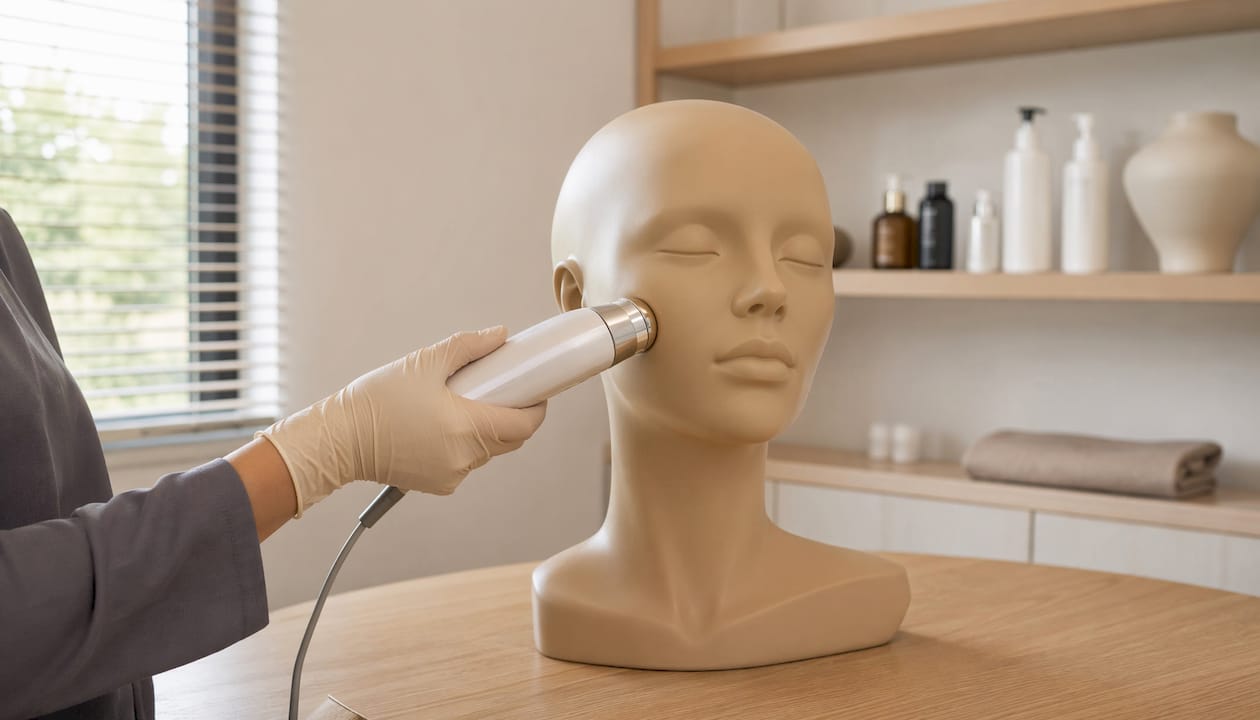 Application de la radiofréquence sur le visage lors d'un soin en institut
