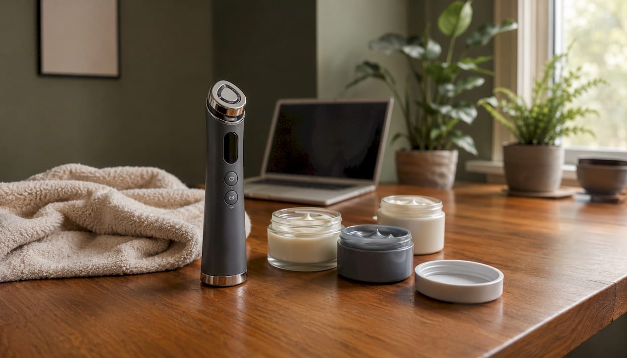 Slim Medicube microcurrent device on skincare desk