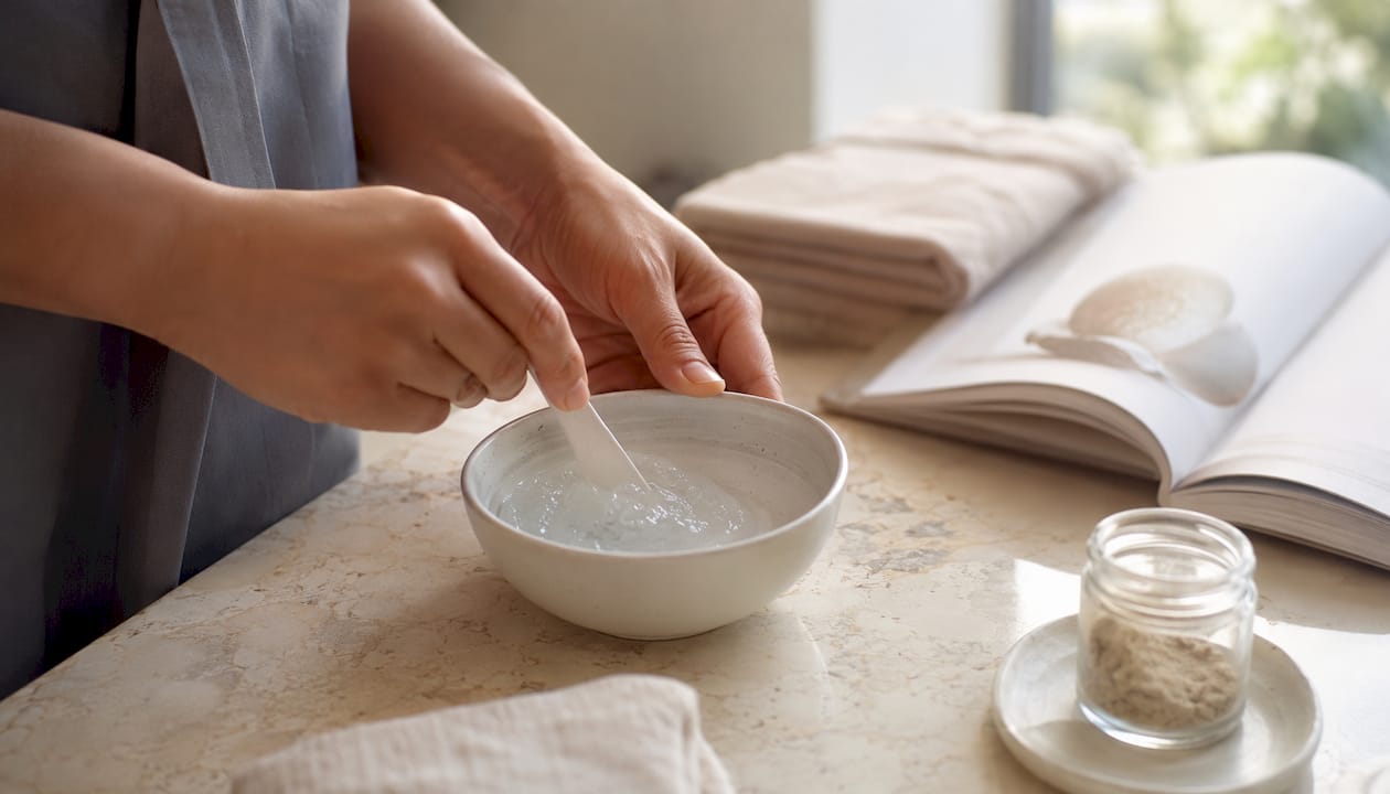 Une esthéticienne prépare un gel à base d’eau lors d’un soin en institut.