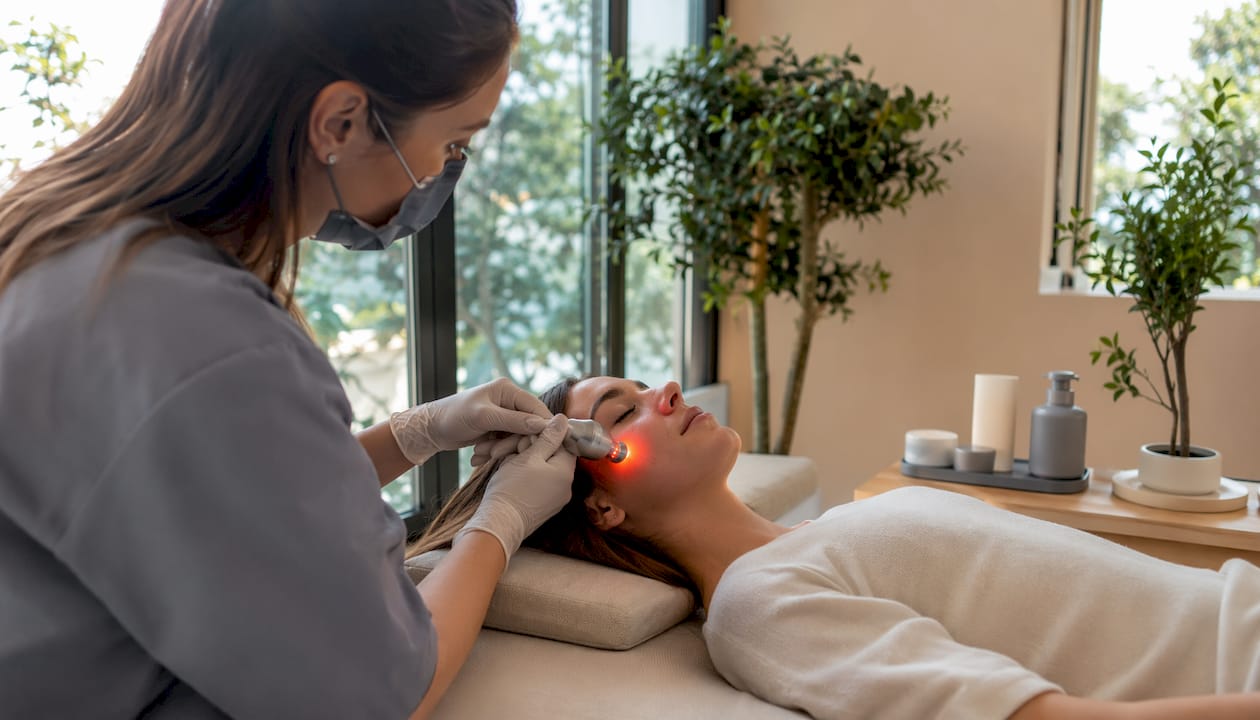 Trattamento professionale dell’acne con luce rossa in studio medico