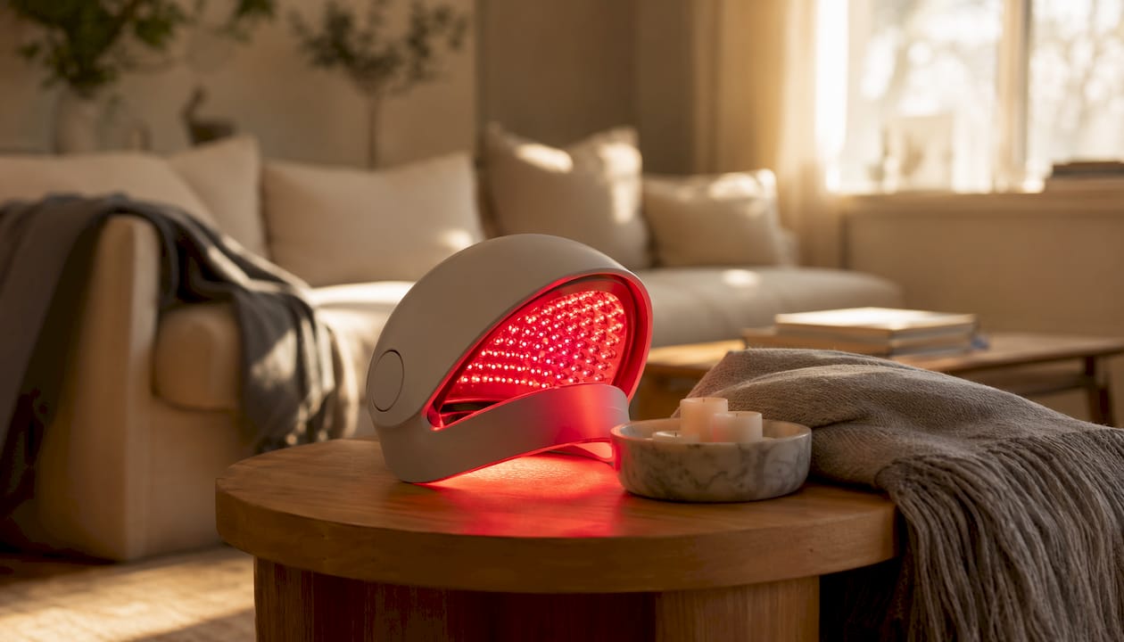 Red light therapy helmet for hair loss on display stand