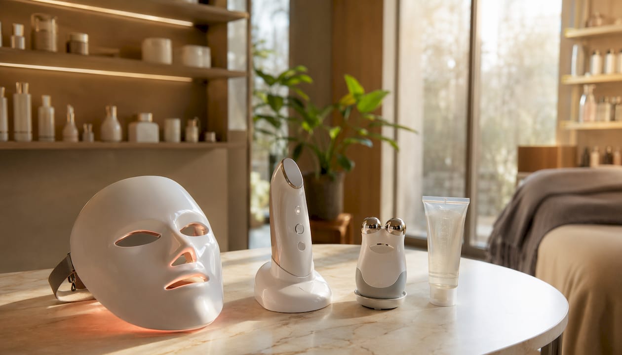 Equipos para tratamientos faciales colocados sobre una mesa en una cabina de estética