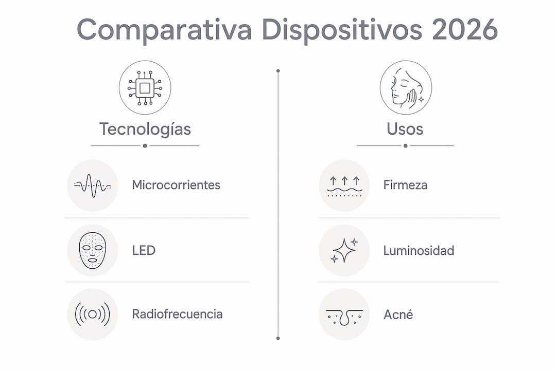 Comparativa visual de las principales tecnologías y aplicaciones de dispositivos de belleza