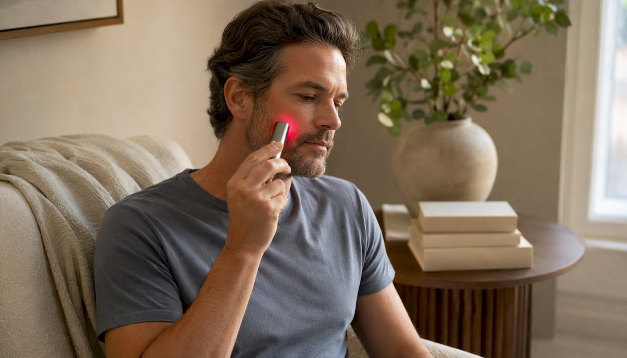 Man using handheld LED therapy wand on face
