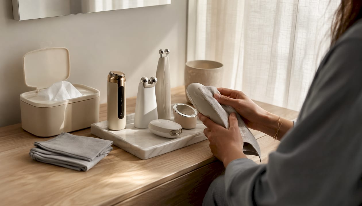 Une main s’affaire à nettoyer un appareil de beauté, posé sur une table parfaitement rangée.