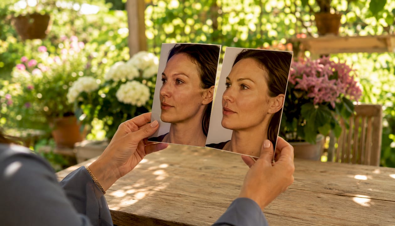 Hands holding facial before and after photos